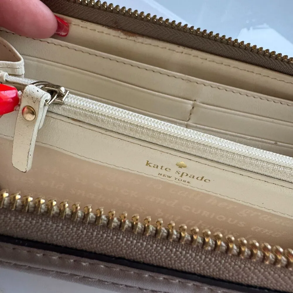 Kate Spade Zip Around Smooth Leather Wallet Gold Hardware Rivets Taupe Beige